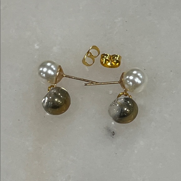 Faux Pearl and Gold Bead Drop Earrings - Picture 3 of 4